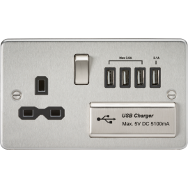 Flat plate 13A switched socket with quad USB charg