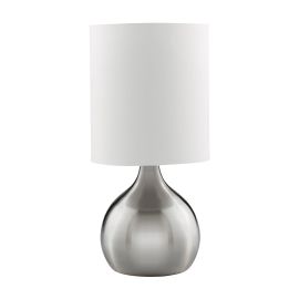 TOUCH TABLE LAMP, SATIN SILVER BASE, WHITE DRUM SHADE