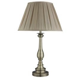 FLEMISH TABLE LAMP, SPINDLE BASE, ANTIQUE BRASS, MINK PLEATED SHADE