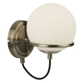 SPHERE 1LT WALL BRACKET, ANTIQUE BRASS, BLACK BRAIDED CABLE, OPAL WHITE GLASS SHADES
