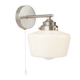 SCHOOL HOUSE 1LT WALL LIGHT , SATIN SILVER WITH OPAL GLASS